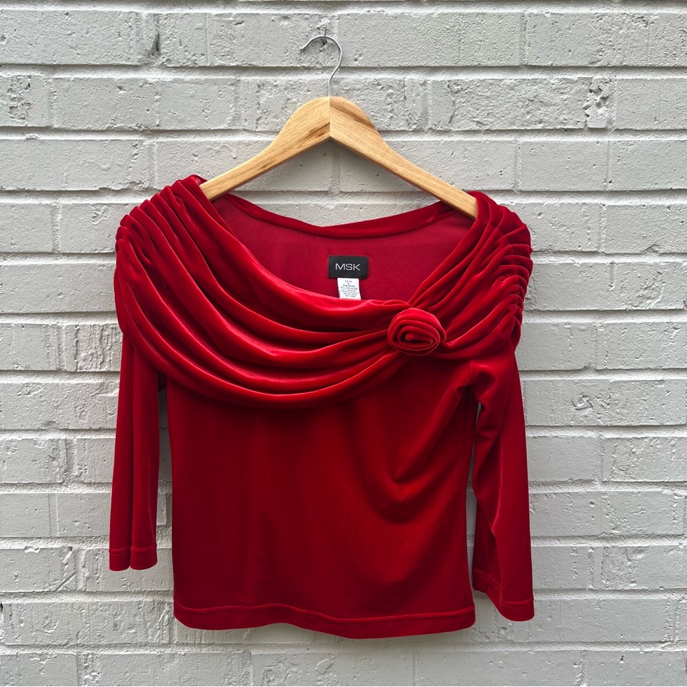 Vintage MSK Elegant Red Velvet Off-Shoulder Top